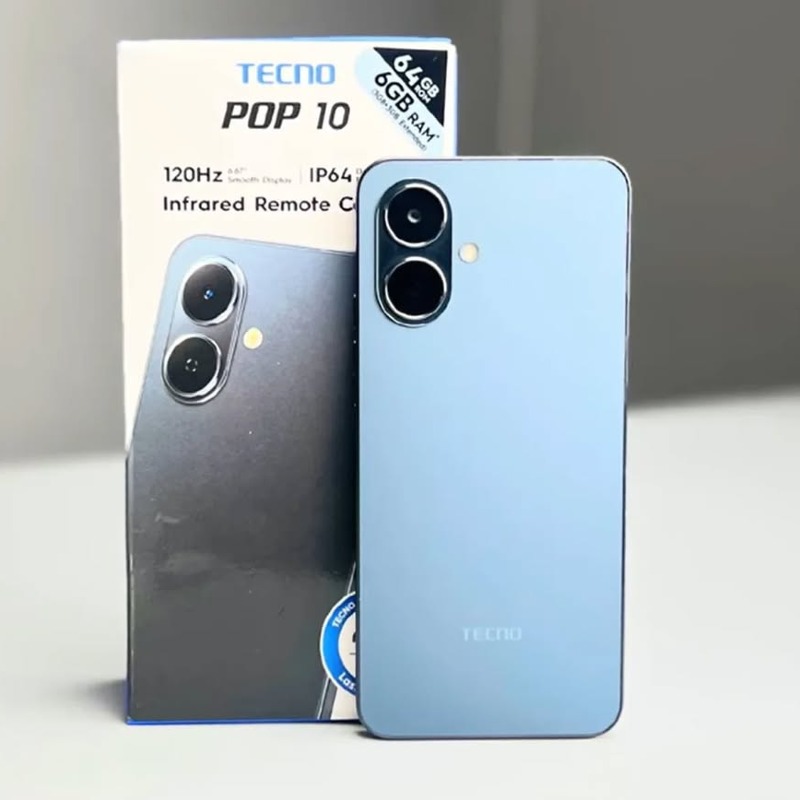 Tecno Pop 10 – 5000mAh – 128GB – 3GB – Android 15 (HiOS 14) – 6.67" HD+ IPS LCD, 120Hz – 13MP Dual Rear – 8MP Front – USB-C – Fast Charging – Side Fingerprint – Dual Stereo Speakers – IP54 – microSD – Dual SIM – 4G LTE.