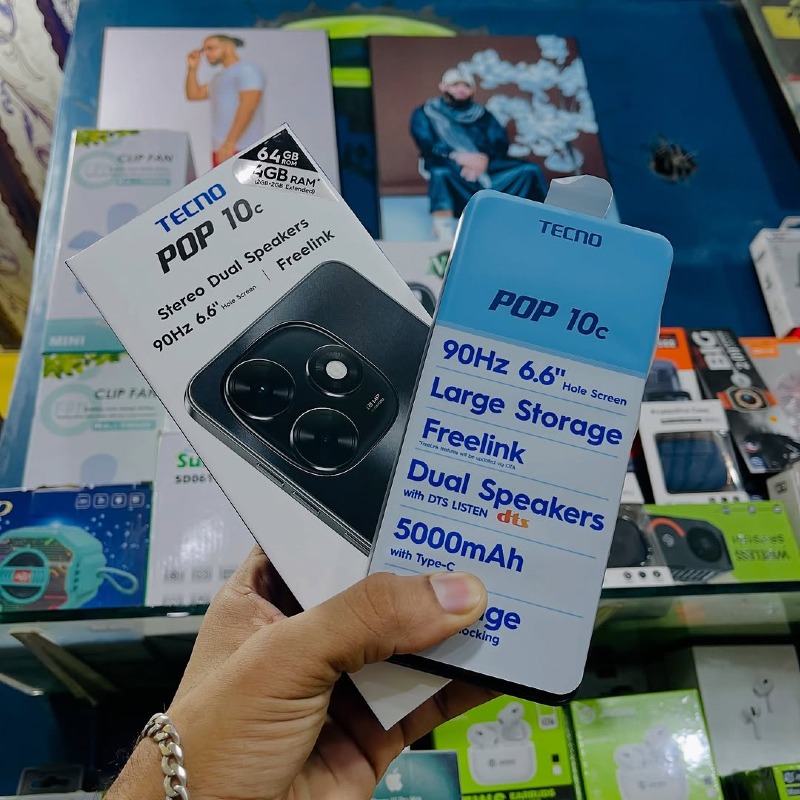 Tecno Pop 10C – 5000mAh – 64GB – 2GB – Android 12/13 (HiOS) – 6.6" HD+ IPS LCD, 90Hz – 16MP Dual Rear – 8MP Front – USB-C – 18W Fast Charging – Side Fingerprint – 3.5mm Jack – microSD – Dual SIM – 4G LTE.