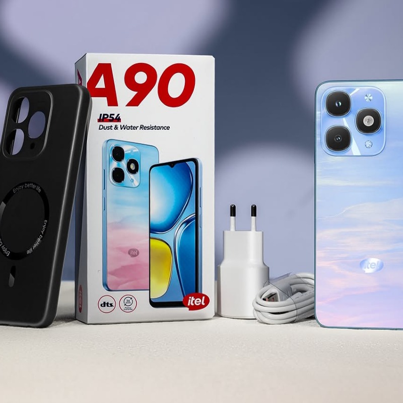 Itel A90 - 5000mAh – 64GB ROM – 3GB RAM – Android 14 – 6.6" HD+ 90Hz display – 13MP dual camera – USB-C – 4G LTE – Side fingerprint.