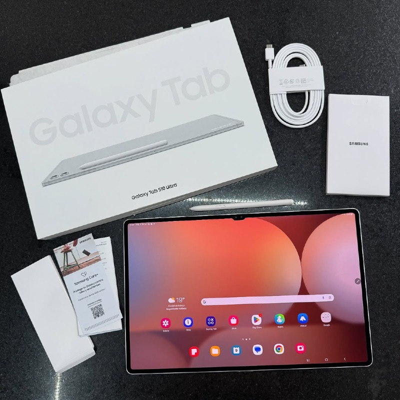 Samsung Galaxy Tab S10 Ultra 5G – 11200mAh – 256GB ROM – 12GB RAM – Android 14 – 13MP + 8MP Rear Cameras – 12MP + 12MP Front Cameras – USB-C – Quad Speakers – S Pen – IP68 Water/Dust Resistant – Expandable Storage up to 1TB.
