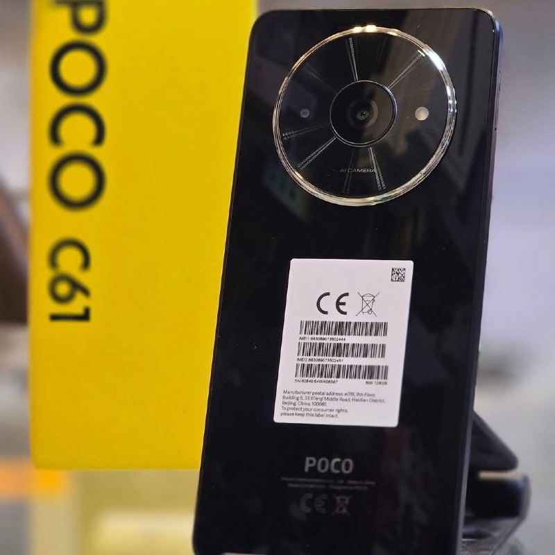 Poco C61 – 5000mAh – 128GB ROM – 4GB RAM – Android 14 (MIUI) – 6.71" HD+ IPS LCD, 90Hz – 8MP Rear Camera – 5MP Front Camera – USB-C – 4G – 3.5mm Jack – Side Fingerprint Sensor – AI Face Unlock – Bluetooth 5.4 – Expandable Storage via microSD.
