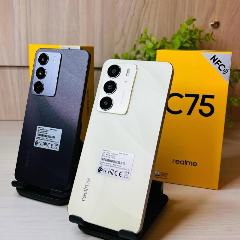 Realme C75 – 5828mAh – 128GB – 8GB – Android 15 (Realme UI 6.0) – 6.72" FHD+ LCD, 90Hz – 50MP Rear – Punch-hole Front – USB-C – 45W Fast Charging – Side Fingerprint – IP69 – ArmorShell Glass – Dual SIM – 4G LTE.