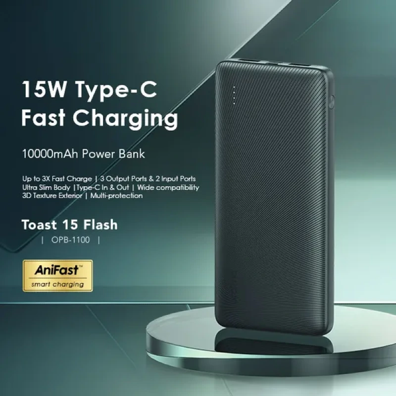 Oraimo Toast 15 Flash Power Bank – 10000mAh Capacity – Fast Charging 5V⎓3A – Dual USB and Type-C Outputs – Dual Input Ports – Compact and Portable Design