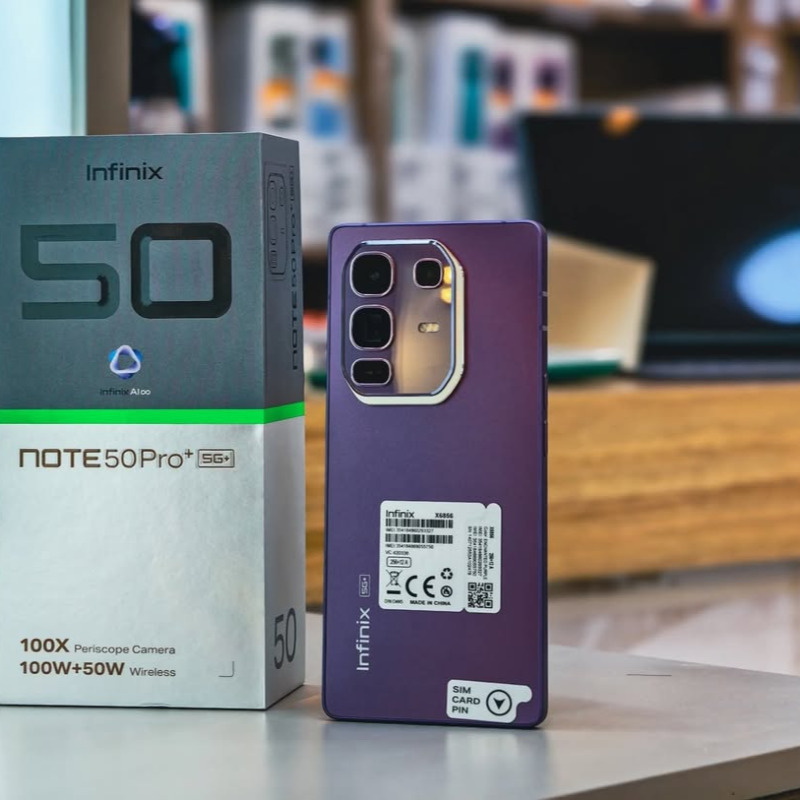 Infinix Note 50 Pro+ 5G – 5200mAh – 256GB/12GB – Android 15 (XOS 15) – 6.78" FHD+ AMOLED 144Hz HDR10+ – 50MP OIS + 50MP Tele 3x + 8MP Rear – 32MP Front – 100W Charge + 50W Wireless – Gorilla Glass – In-display Fingerprint – Dual SIM – 5G.