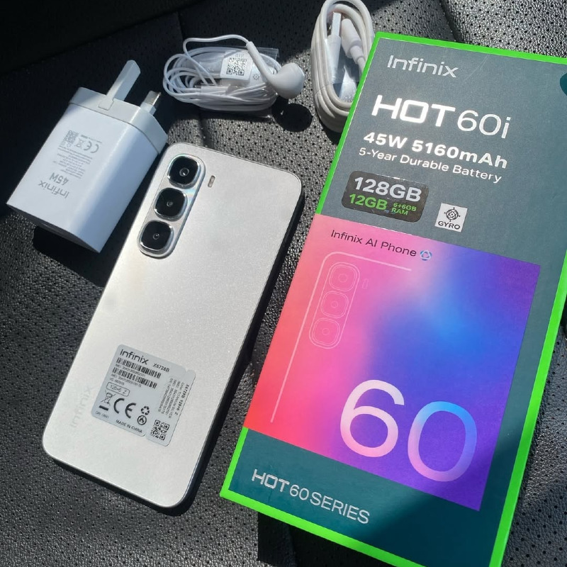 Infinix Hot 60i – 5160mAh – 128GB/4GB – Android 15 XOS 15.1 – 6.7" IPS LCD 120Hz – 50MP Rear + 8MP Front – 45W Charge – USB-C – Side Fingerprint – Dual SIM – 4G – IP64 – Stereo Speakers