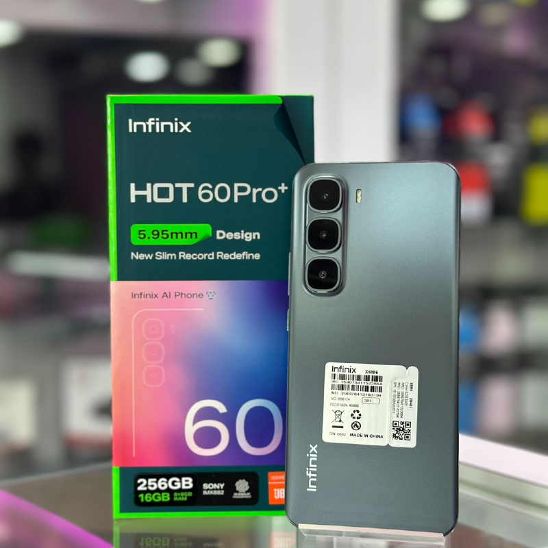Infinix Hot 60 Pro+ – 5160mAh – 128GB/8GB – Android 15 (XOS 15.1.1) – 6.78″ Curved AMOLED 144Hz, Gorilla Glass 7i – 50MP Rear + 13MP Front – 45W Charge + 10W Reverse Charging – In-display Fingerprint – Dual SIM 4G – IP65 Rated – Stereo Speakers