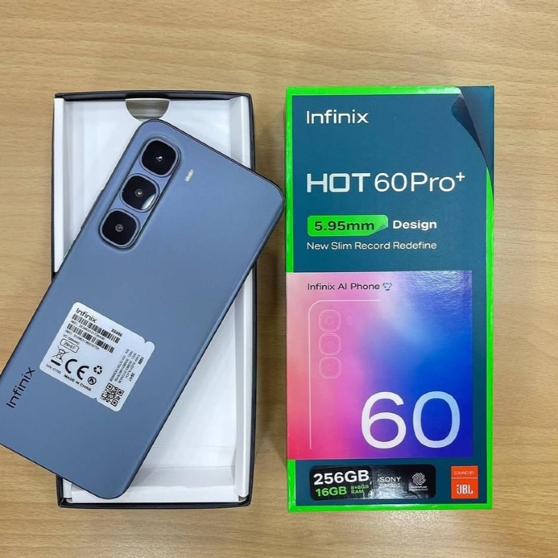 Infinix Hot 60 Pro+ – 5160mAh – 256GB/8GB – Android 15 (XOS 15.1.1) – 6.78″ Curved AMOLED 144Hz, Gorilla Glass 7i – 50MP Rear + 13MP Front – 45W Charge + 10W Reverse Charging – In-display Fingerprint – Dual SIM 4G – IP65 Rated – Stereo Speakers
