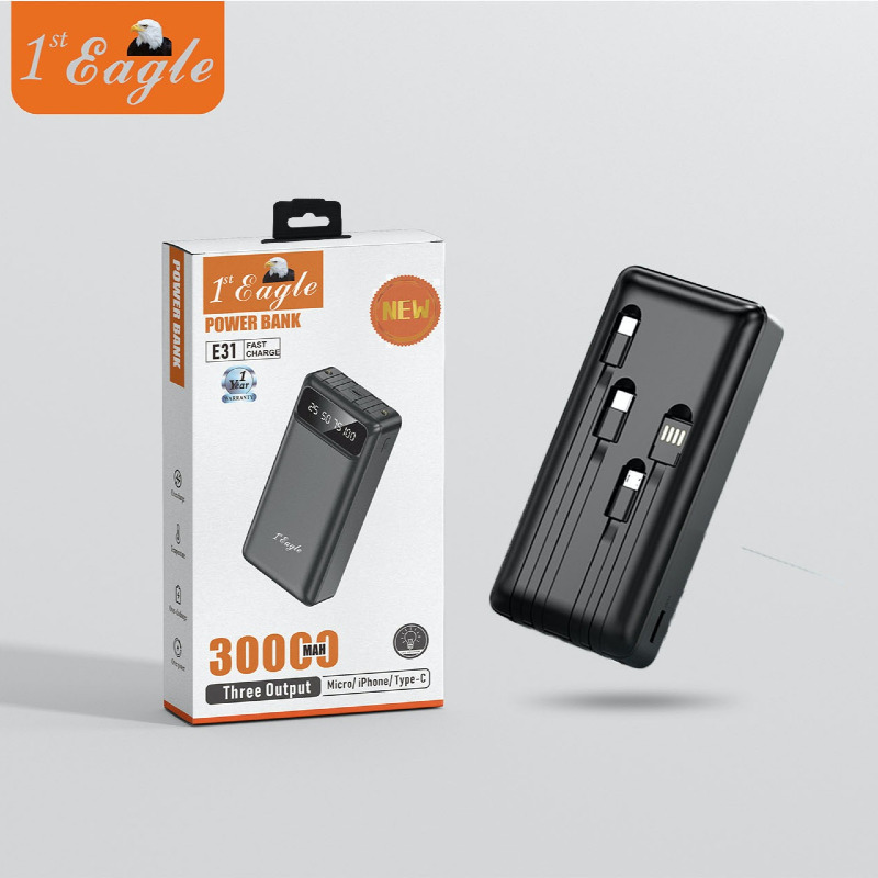 E31 Capacity: 30000mAh 115Wh | Input: Micro/Type-C/Lightning (5V/2.1A) | Output: USB 1/2/3/4 DC5V/2.1A | Total output: 5V/2.1A | Size: 177mm82mm53mm (LW*H)