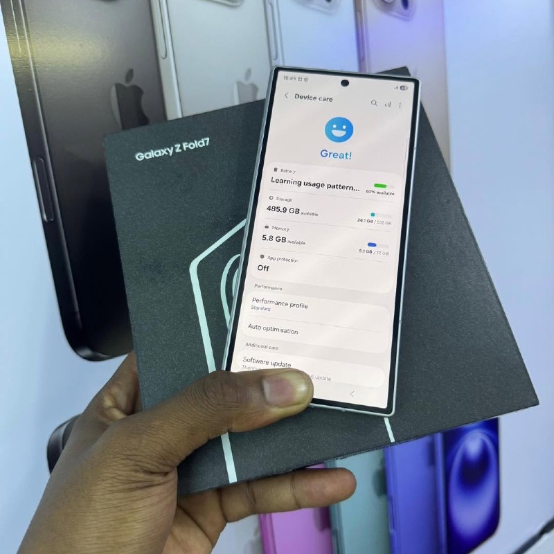 Samsung Galaxy Z Fold 7 – 4400mAh – 512GB ROM – 12GB RAM – Android (One UI) – 7.6" Dynamic AMOLED 2X 120Hz Main Display – 6.2" Cover Display – Triple Rear Camera – USB-C – 5G – Stereo Speakers – Side Fingerprint – Fast Charging.