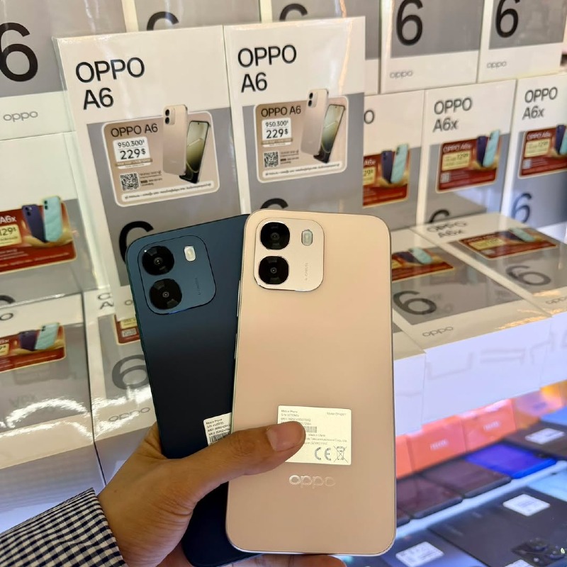 OPPO A6 – 4230mAh – 256GB ROM – 8GB RAM – Android (ColorOS) – 6.1" HD+ Display – 13MP + 2MP Dual Camera – USB-C – 4G – Dual SIM / Stereo Speakers – Side Fingerprint / Face Unlock – Splash Resistant.