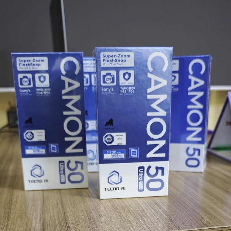 Tecno Camon 50 Ultra – 5000mAh – 256GB – 8GB/12GB – Android (HiOS) – 6.7" AMOLED 120Hz Display – 200MP + AI Rear Camera – High-Resolution Front Camera – USB-C – Fast Charging – Fingerprint Sensor – Dual SIM – 4G/5G